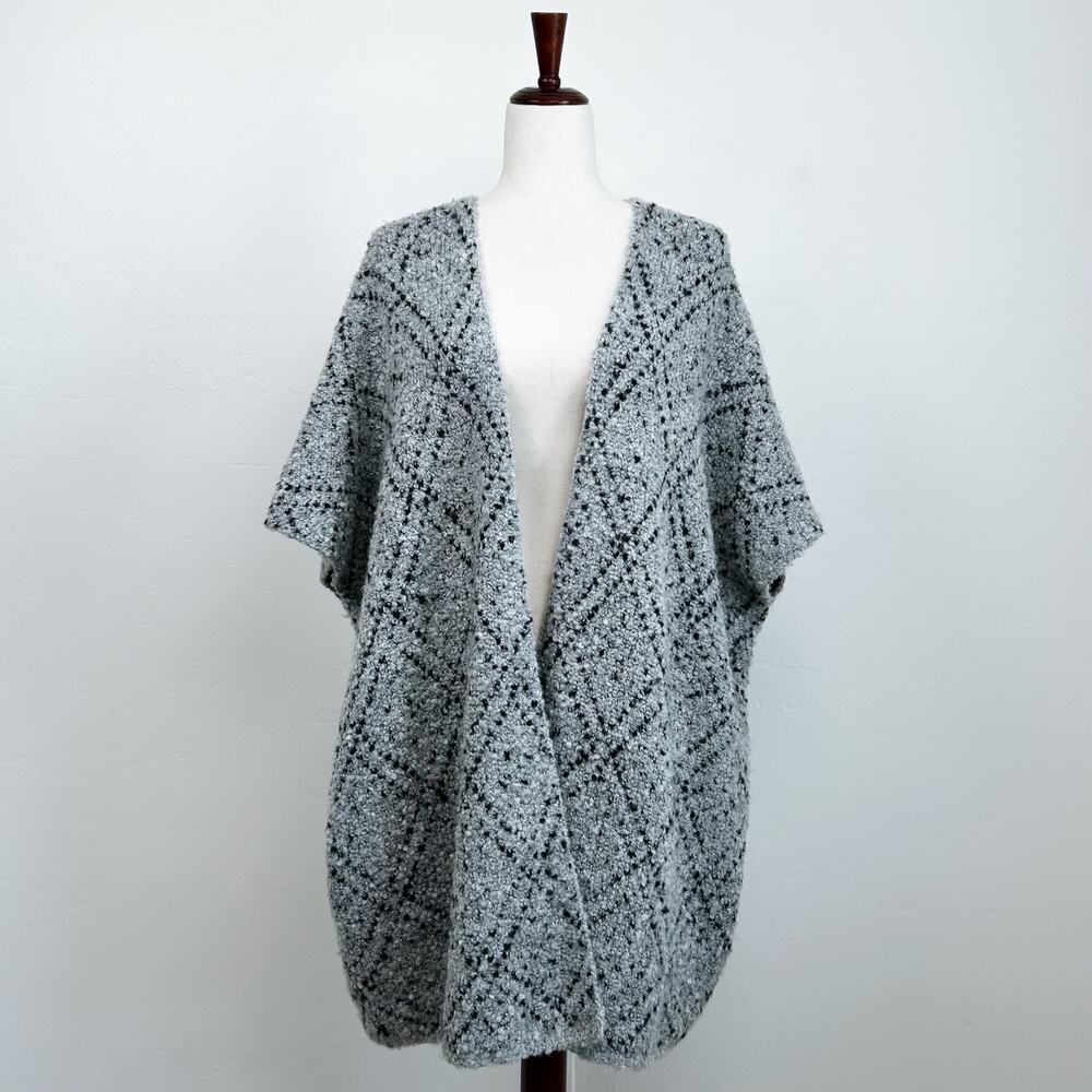 Joie Tweed Boucle Knit Gray Plaid Autumn Cozy Sweater Cover-Up Open Cardigan M/L